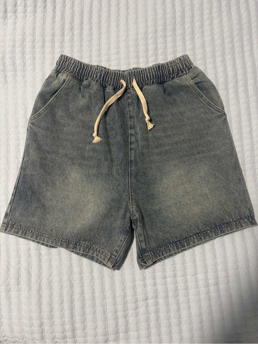 Washed Denim Elastic Jean Shorts - Dark Grey Wash